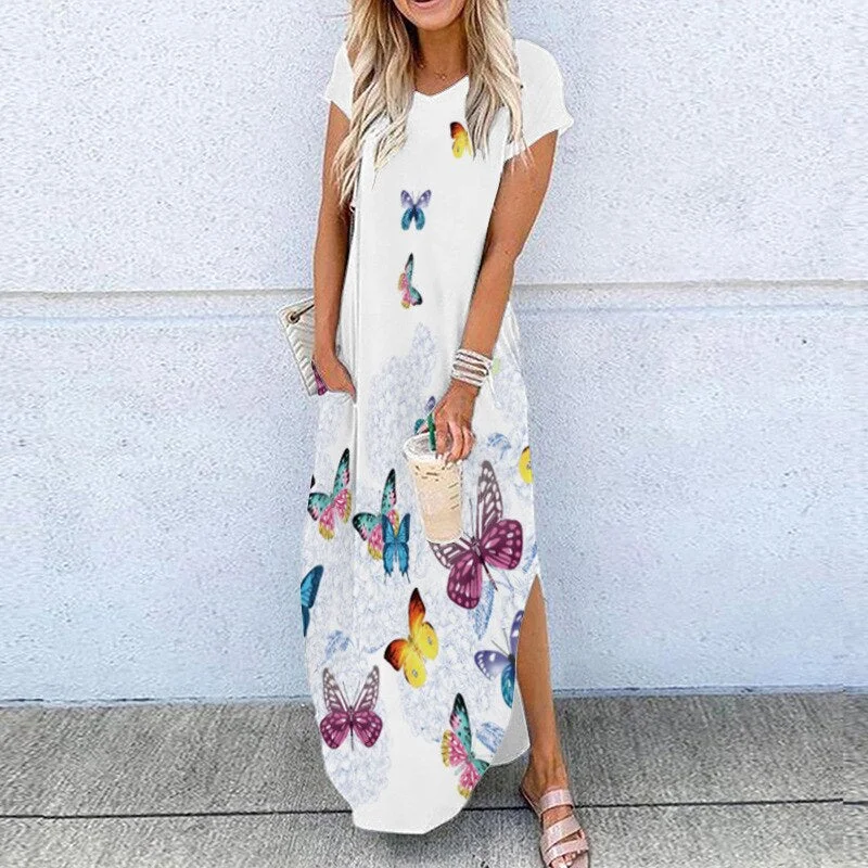 2020 Summer New Fashion Striped Strapless Dress Loose Round Neck Short Sleeve Long Dress Casual Elegant Moon Star Printing Dress