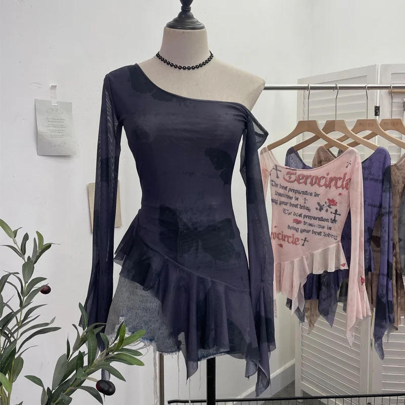 Uveng Tie Tie Net Yarn Oblique Shoulder Babes Sexy Body-On-Sleeve Horn Irregular Top 9955