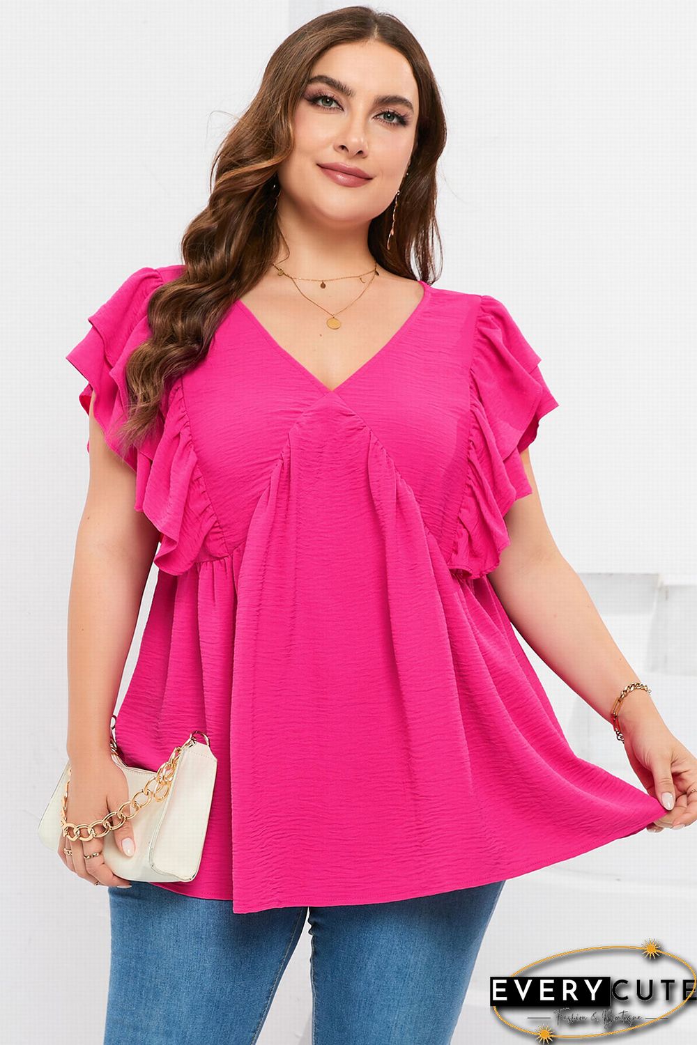 Plus Size Ruffle V Neck Tie Back Tunic Top