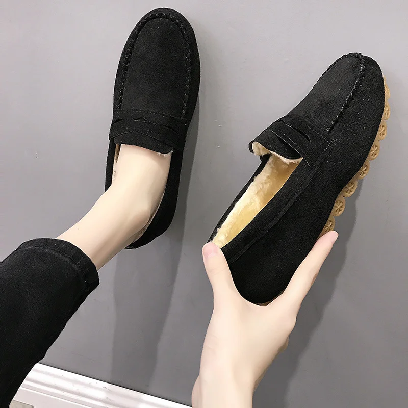 Qjong Women Shoes Comfortable Flats Loafers Short Flock Sewing Casual Ladies Non-Slip Bottom Warm Women Oxford Loafers