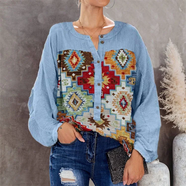 Women's Shirt Round Neck Shirt Button Retro Rrinting Long-sleeved