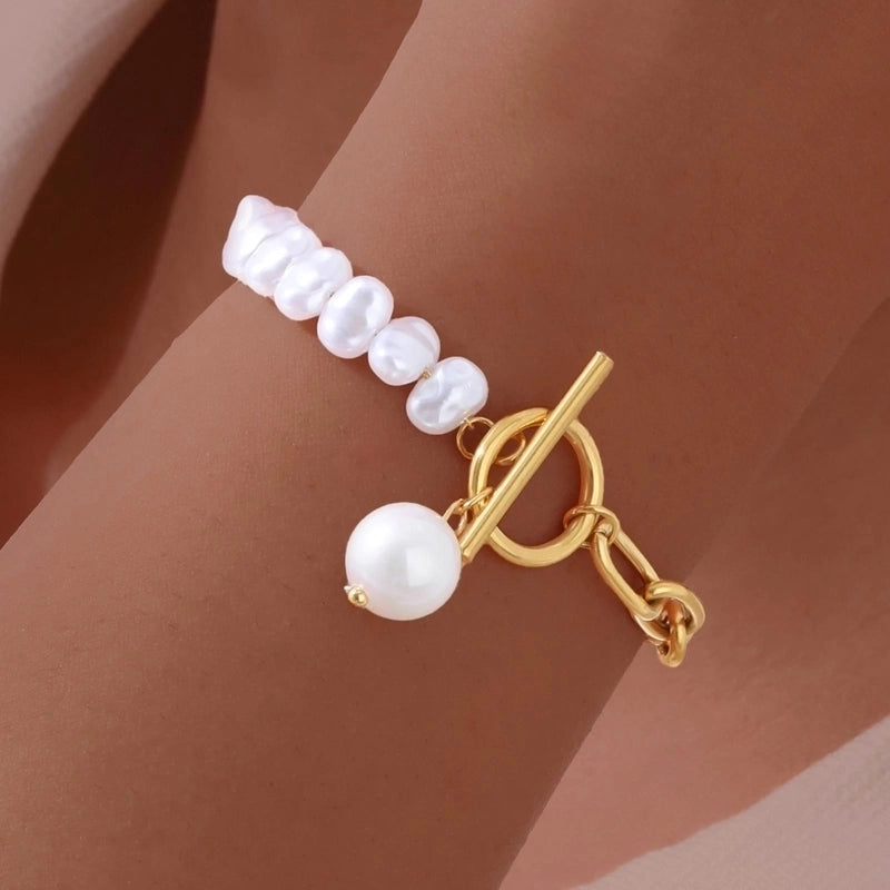 Vintage Style Minimalist Pearl 201 Stainless Steel Imitation Pearl Paperclip Chain Bracelets In Bulk