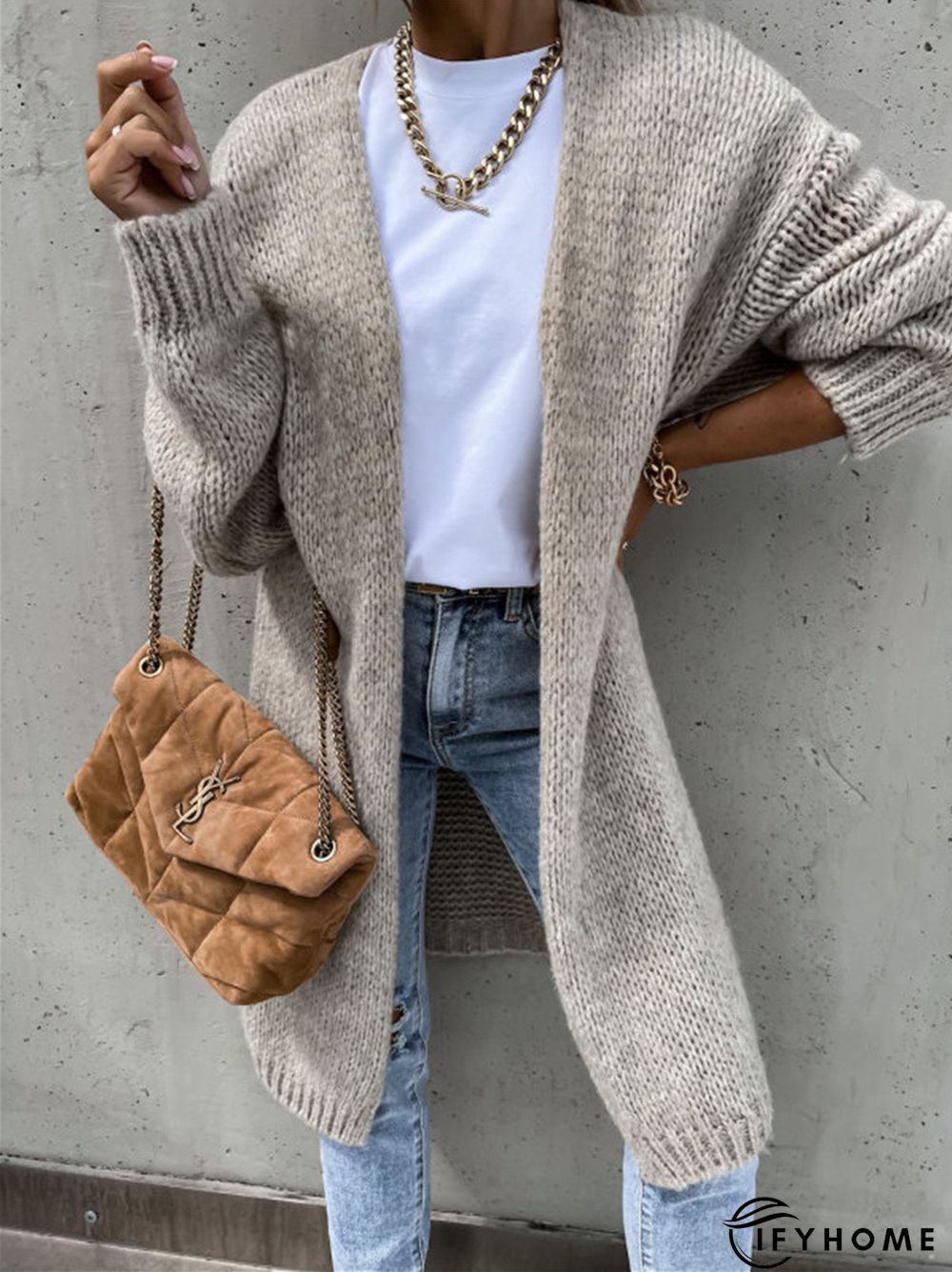 Casual Cotton-Blend Plain V Neck Off Shoulder Sleeve Cardigan | IFYHOME