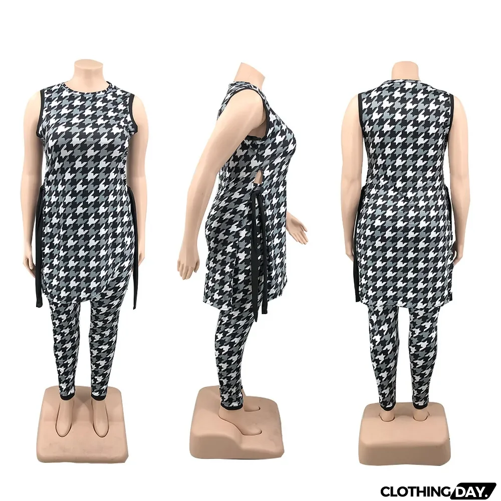 Plus Size Printed Split Sleeveless Top And Pants Set