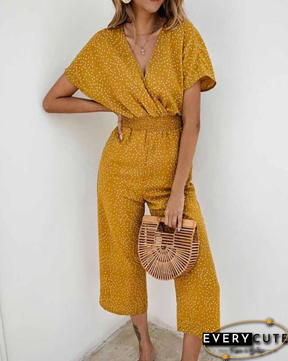 Polka Dot Printed V-neck Pocket Jumpsuit