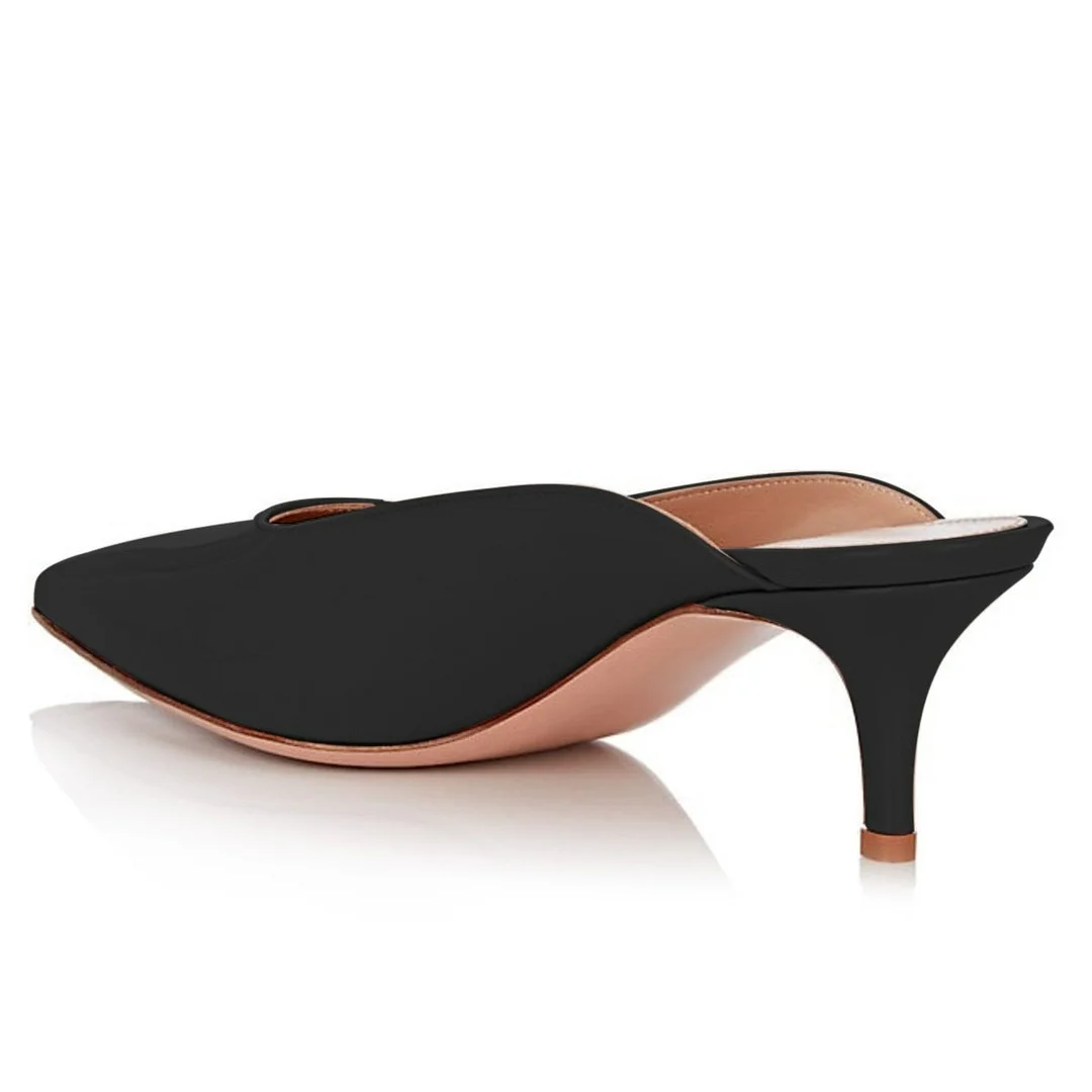 Black Patent Leather Kitten Heel Pointed Toe Simple Mules for Women
