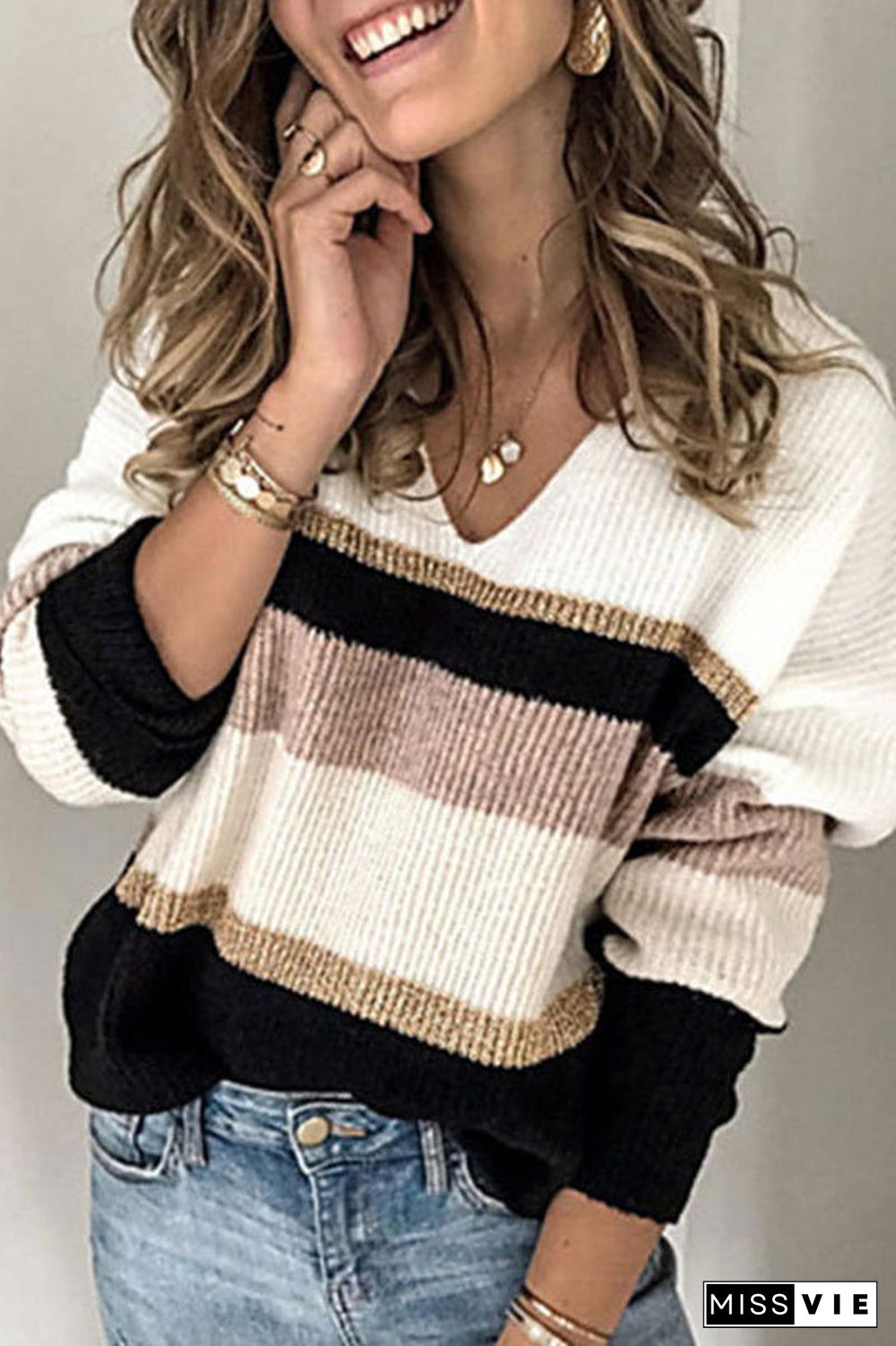 Casual Color Block Patchwork V Neck Sweaters(3 Colors)
