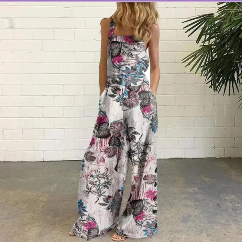 Women's Casual Jumpsuits Floral Print Loose Wide Leg Jumpsuits with Pocket