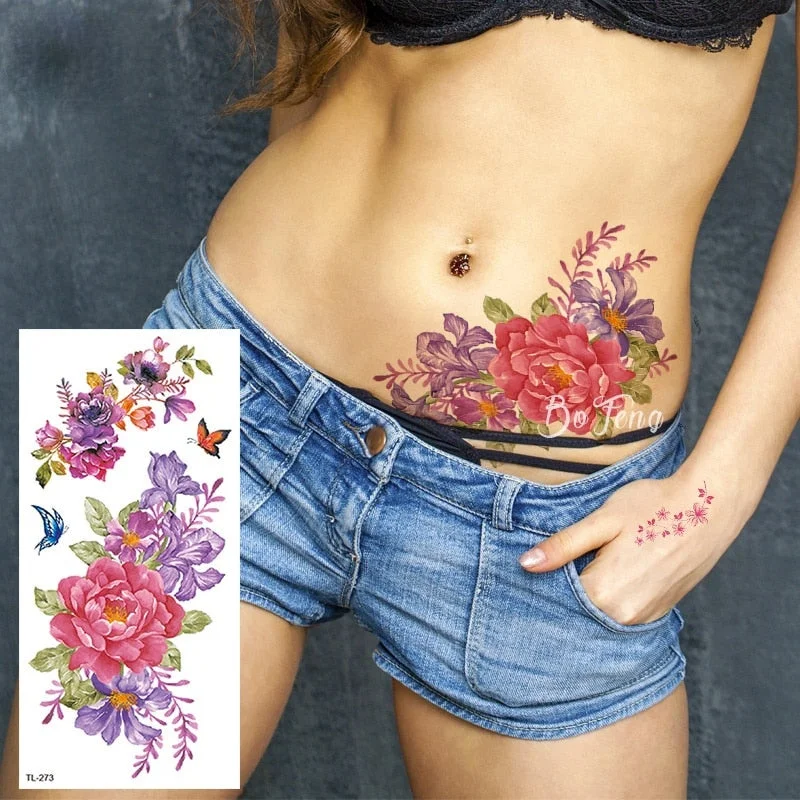 Peony Rose Temporary Tattoo Stickers,Women Body Art Tattoo,Girl Back Breast Arm Leg Red Blue Pink Flower Fake Tatoos