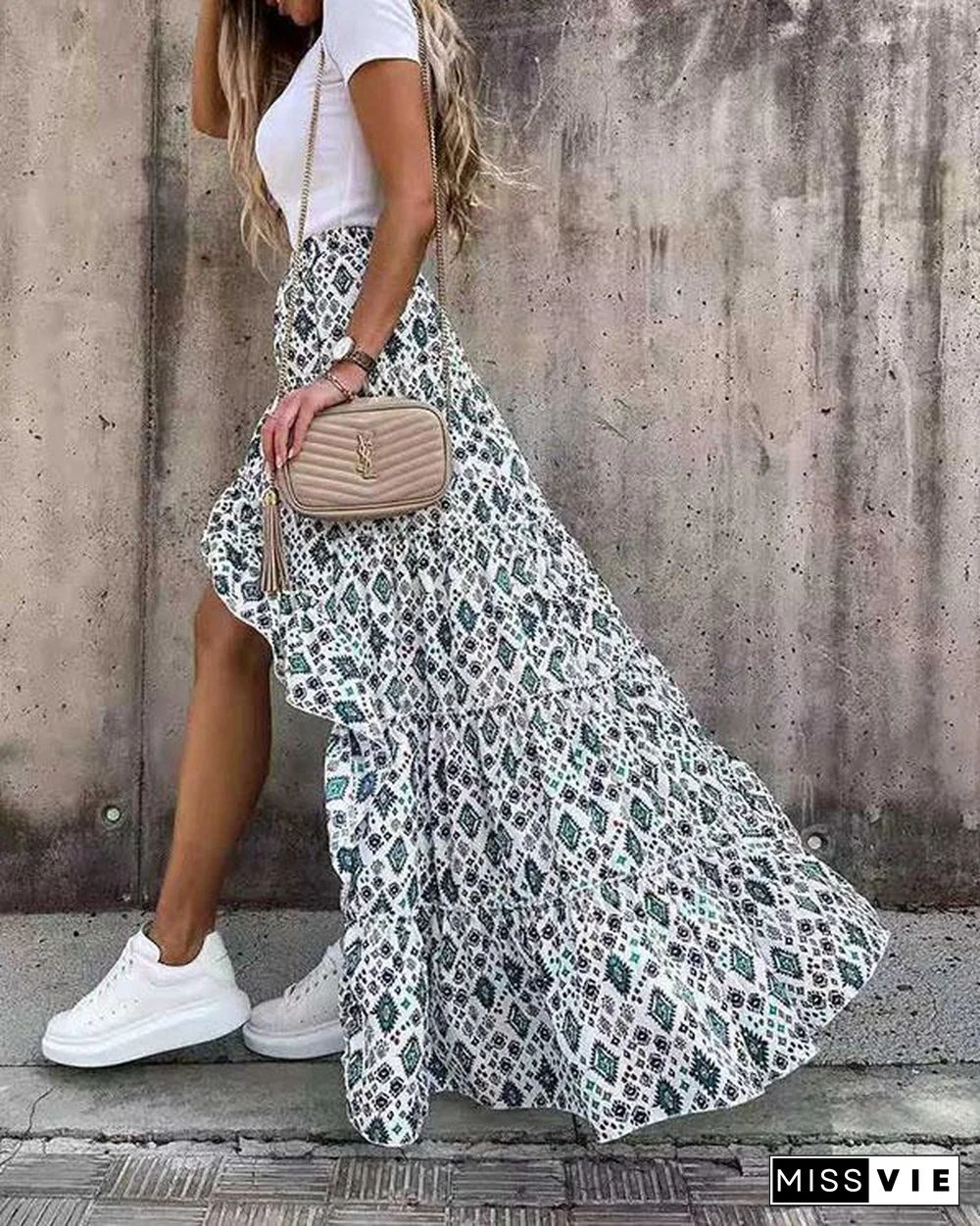 Fashion Print Irregular Hem Flowy Skirt