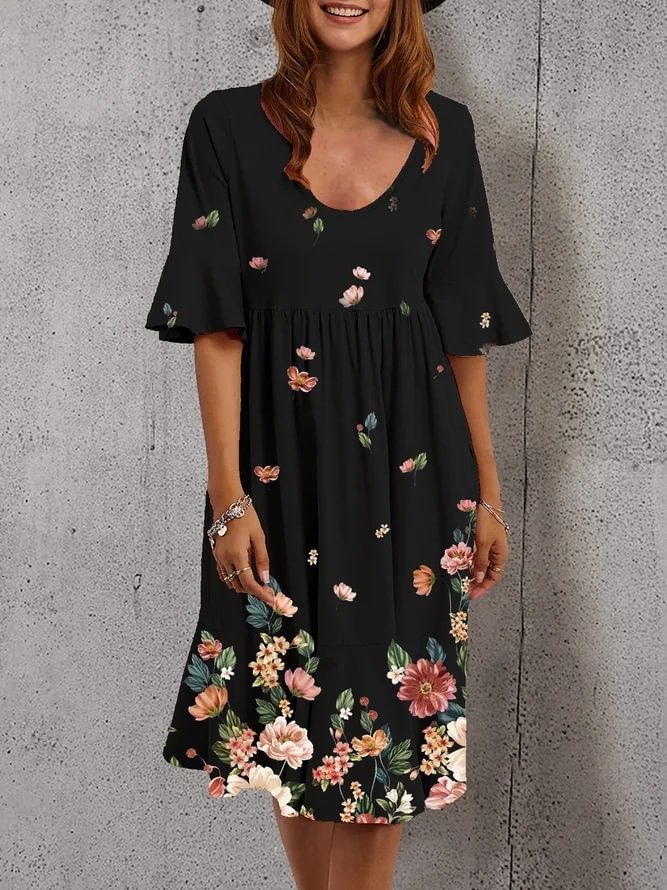 Round Neck Retro Printed Medium Sleeve Dress