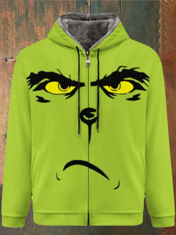 Unisex Christmas Print Double Layer Fleece Zip-Up Hooded Jacket