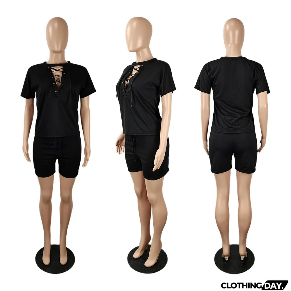 Plus Size Hollow Out Bandage Solid Top Shorts 2 Piece Set