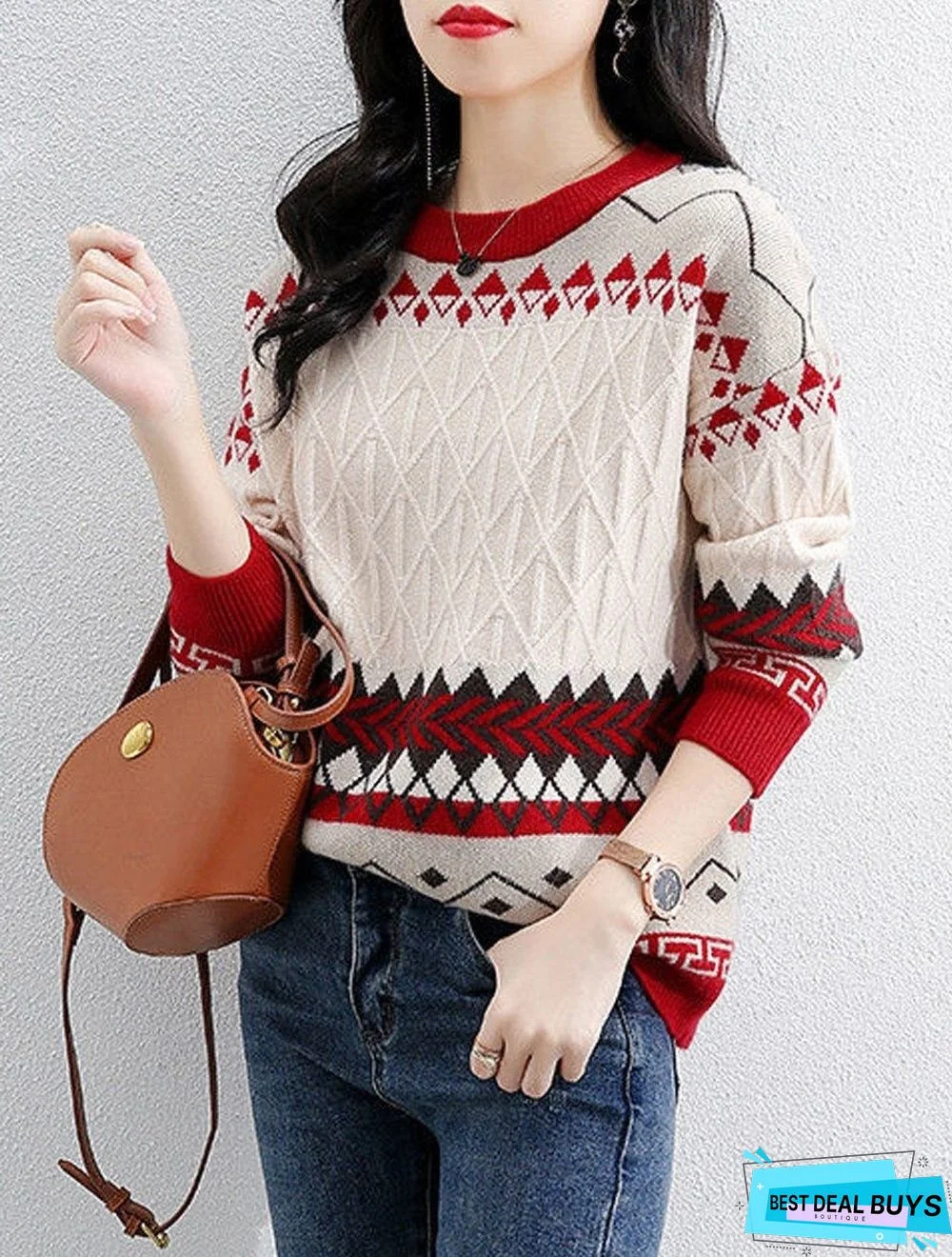 Fall/Winter Round Neck Retro Color Block Knitted Sweater