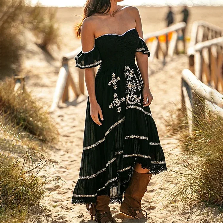 Comstylish Boho Tribal Printed Off Shoulder Maxi Dress