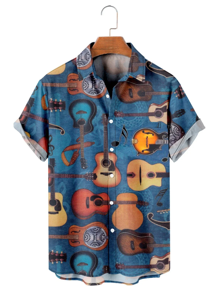 BrosWear Men'S Vintage Guitar Print Short Sleeve Shirt