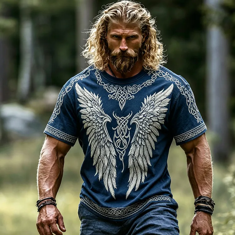 Men's Viking Wings Print Crew Neck Cotton Linen T-shirt