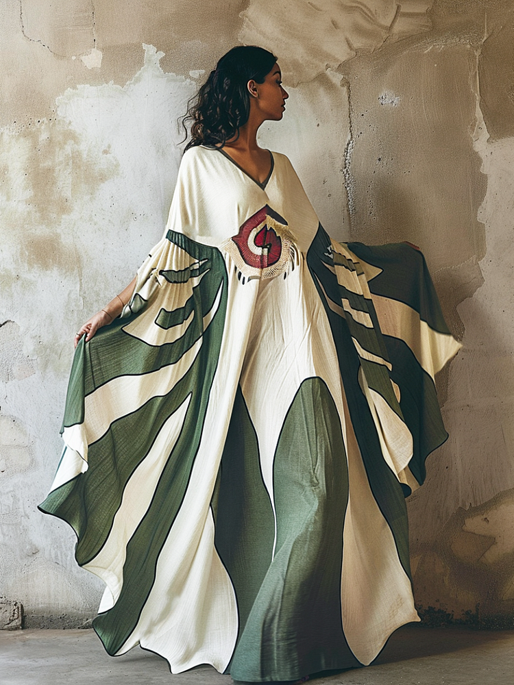 Verdant Totem Linen V-neck Long Kaftan