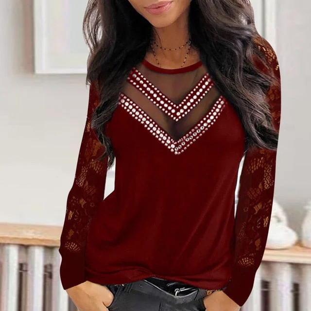 Fashion Lace Mesh Diamonds V-Neck Blouse