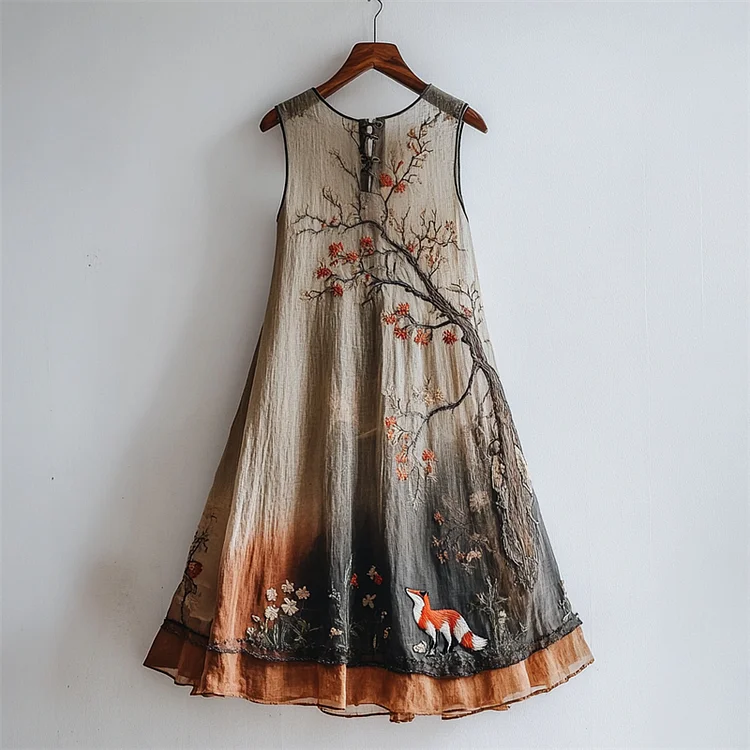 Classy Fox Floral Tree Embroidered Gradient Flowy Linen Dress