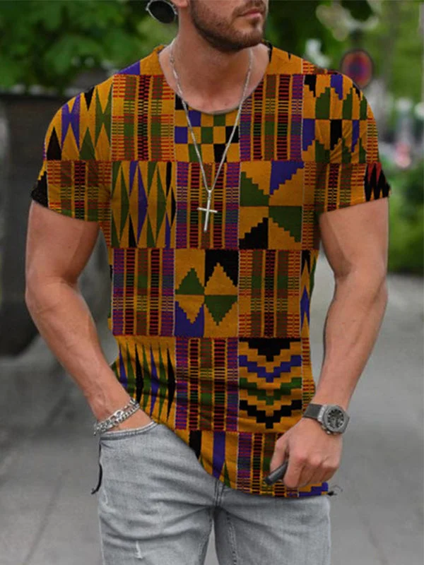 Grid Pattern Printed Round Neck Loose T-shirt