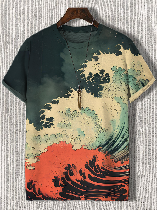 Men's Rough Sea Waves Color Blocks Art Print T-Shirt
