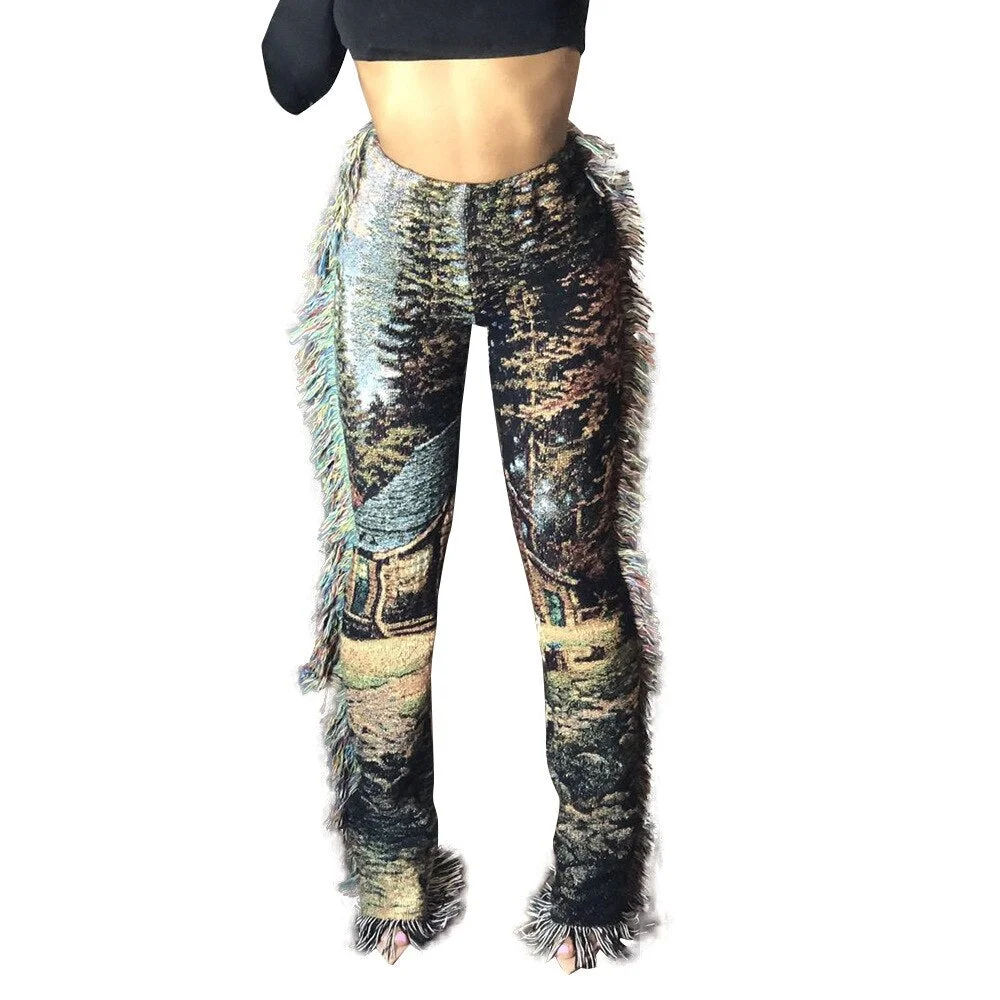 CM.YAYA Autumn Spring Women Pants High Waist Activewear Pencil Trousers Sporty Print Tassel Jogger Pants Sweatpants