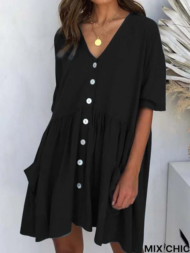 Women's Casual Dress Linen Dress Tiered Dress Mini Dress Black White Pink Short Sleeve Pure Color Ruched Winter Fall Spring V Neck Basic Daily Vacation Loose Fit 2023 S M L XL XXL 3XL