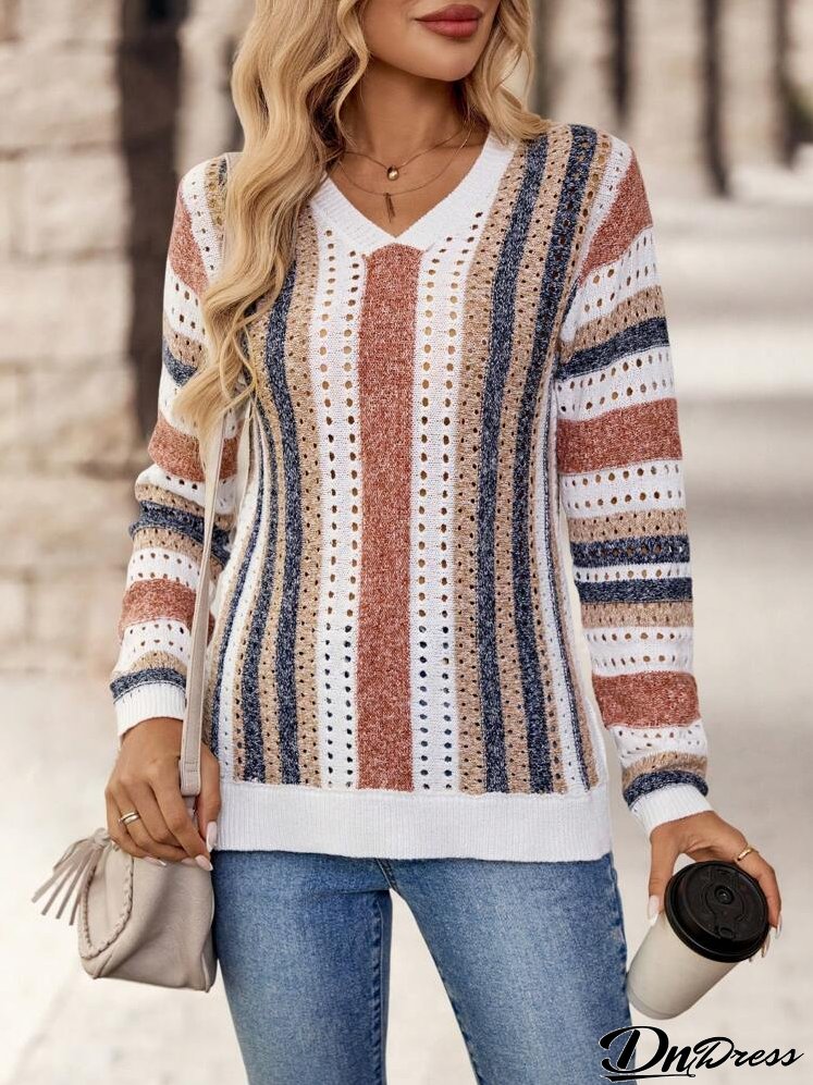 Women's Striped V-Neck Sweater With Hollow Out Design, Long Sleeve, Casual And Comfortable