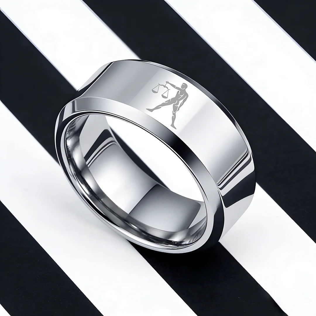 Beveled Edges Sliver Laser Etched Couple Wedding Bands Sliver Libra Tungsten Carbide Rings 4MM 6MM 8MM Width