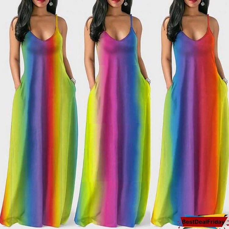 Rainbow Print Long Dress Women Straps V Neck Sleeveless Pockets Boho Maxi Dress