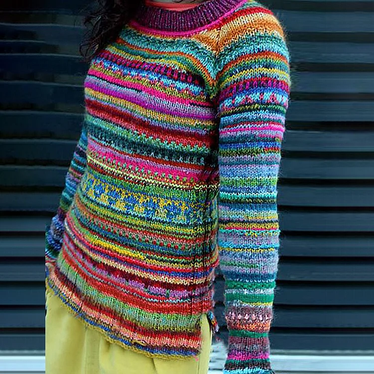 Comstylish Vintage Rainbow Contrast Long Sleeve Cozy Warm Sweater