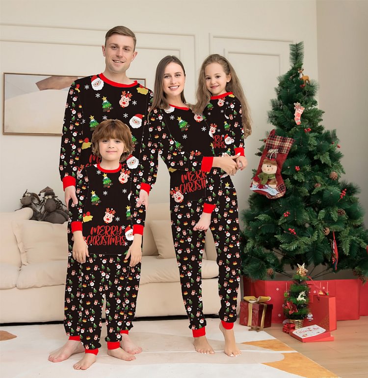 Merry Christmas Tree Santa Reindeer Cartoon Print Family Matching Pajamas
