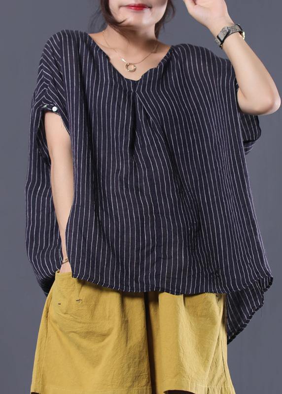 VCSHOES blue striped linen clothes For Women v neck baggy summer top