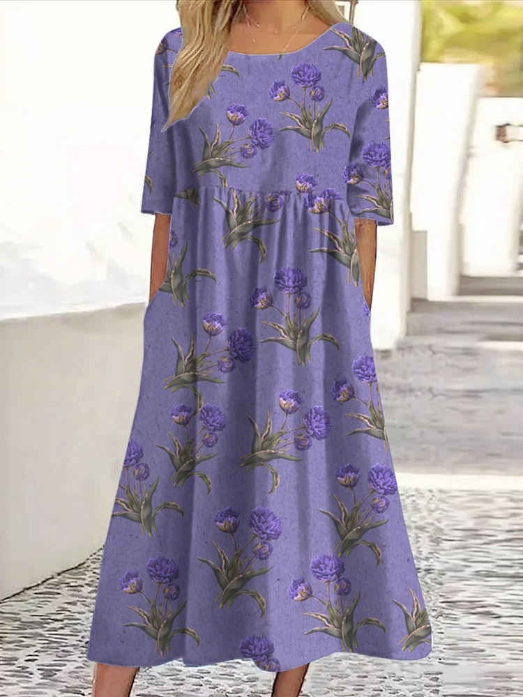 Vintage Floral Print Crewneck Pocket Midi Dress