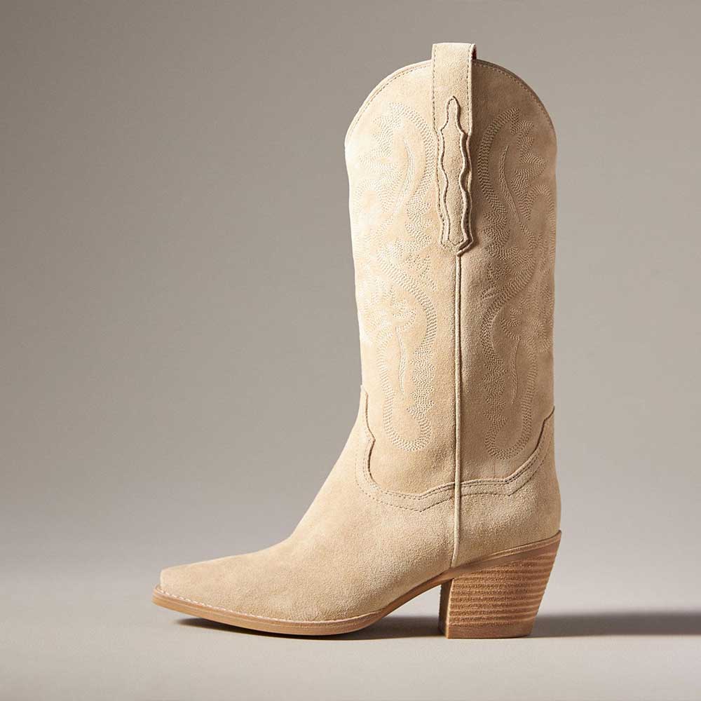 Beige Faux Suede Snip Toe Embroidered Mid-Calf Cowgirl Heeled Boots