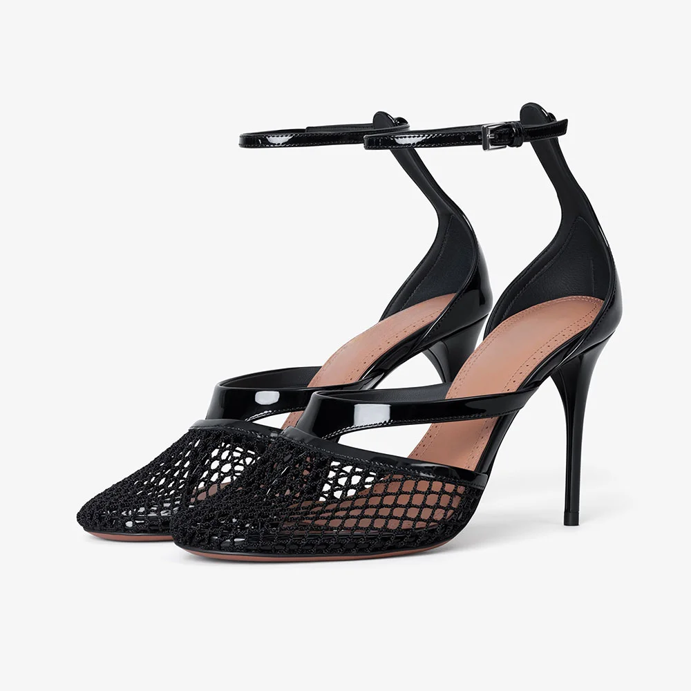 YDN Black Fishnet Round Toe Ankle Strap Stiletto Heeled Sandals