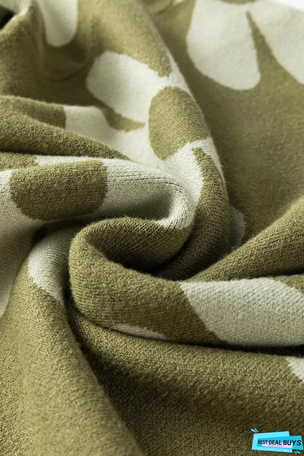 Spinach Green Big Flower Knit Ribbed Trim Sweater
