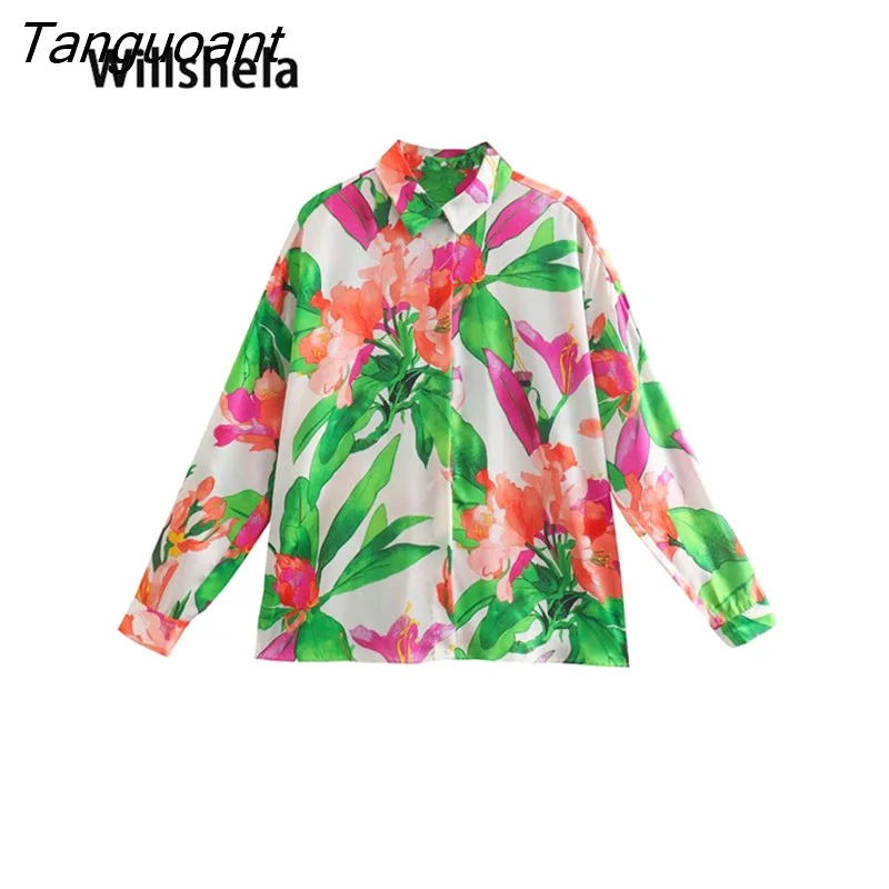 Tanguoant Women Fashion Printed Single Breasted Blouse Vintage Long Sleeves Lapel Neck Female Chic Lady Shirts