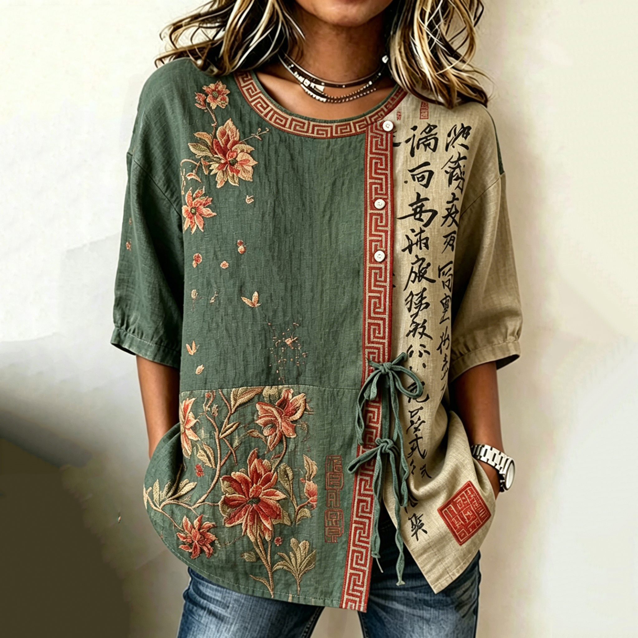 Comstylish Women's Vintage Peony Floral Pattern Tie-front Shirt