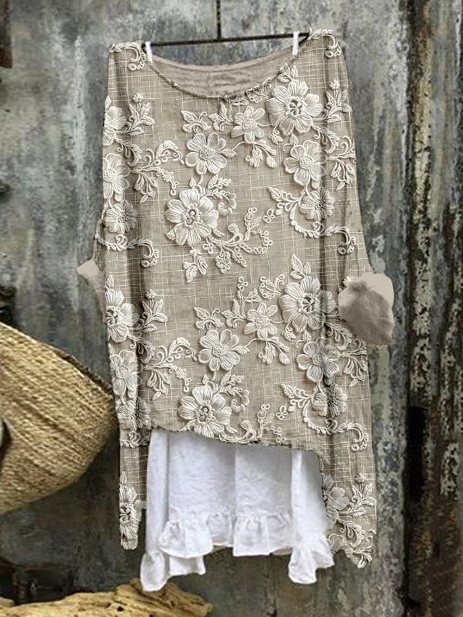 Women'S Floral Art Casual Linen Shirt