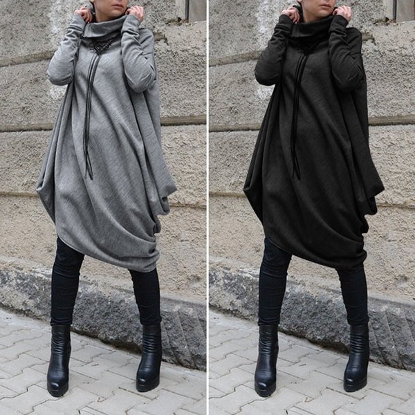 Zanzea Womens Turtle Neck Long Sleeve Irregular Solid Color Casual Blouse Dress Tunics - BlackFridayBuys