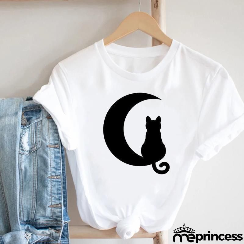 Women Loose Simple Cartoon Cat Footprint Print Round Neck Short Sleeve T-Shirt