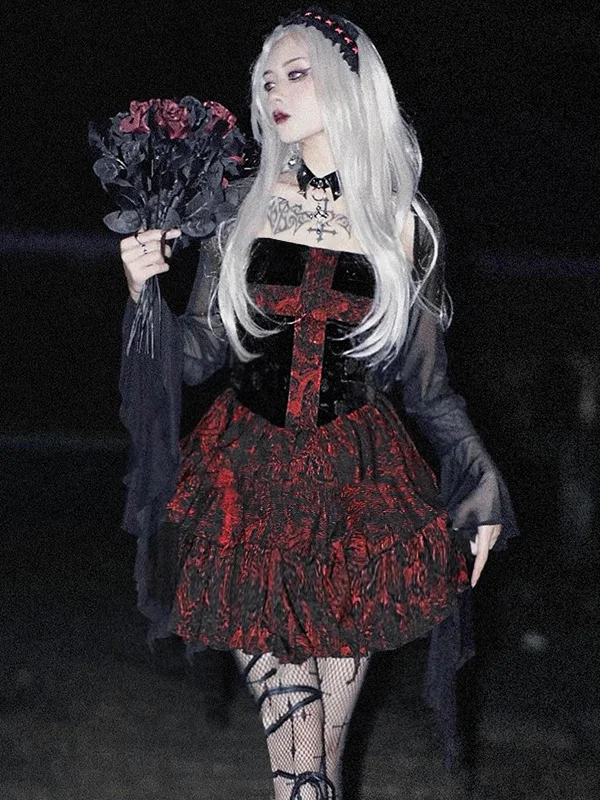Gothic Vintage Cross Color Block Floral Layered Dress