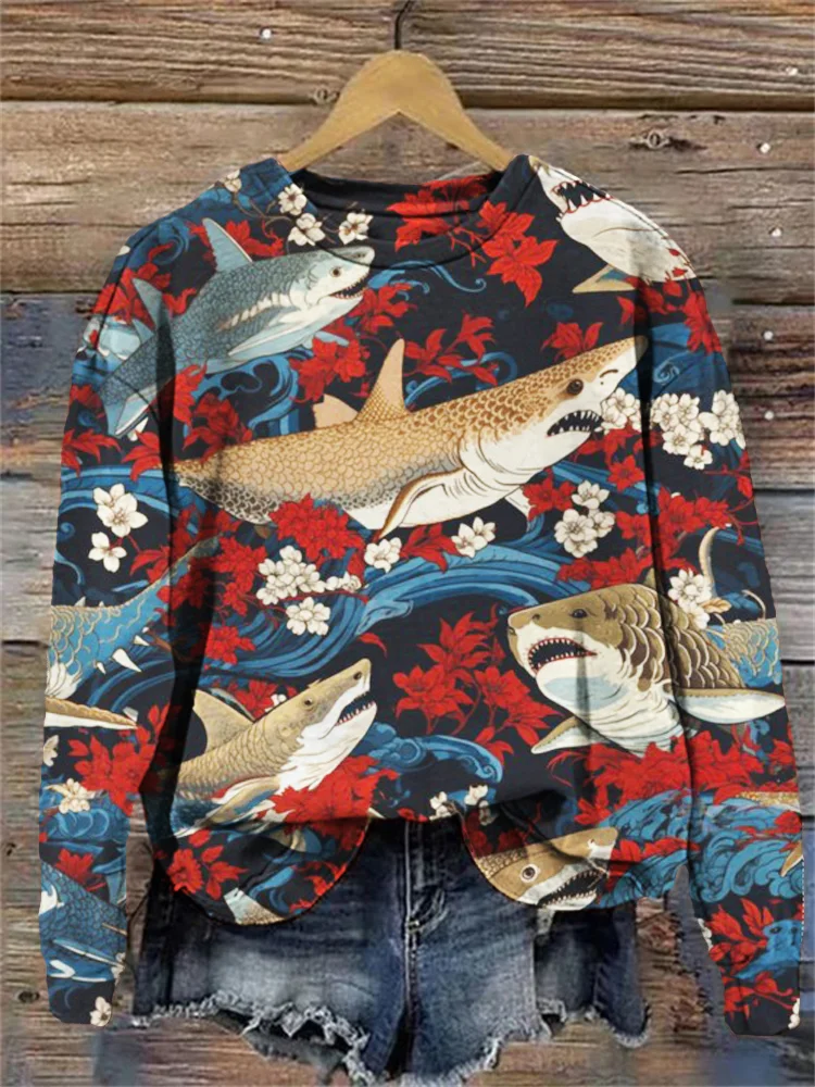 Japanese Art Shark Pattern Cozy Sweatshirt