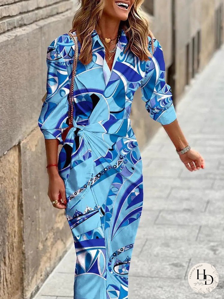 Dresses Printed Lace Up Long Sleeve Shirt Dress for Women