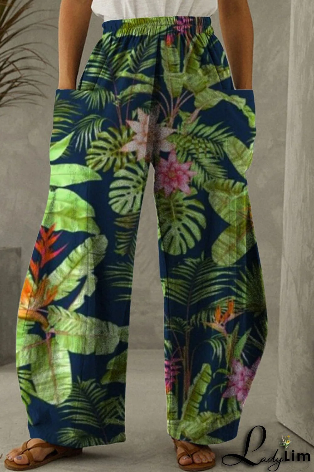 Dark Gray Fashion Casual Print Patchwork Pocket Regular High Waist Trousers