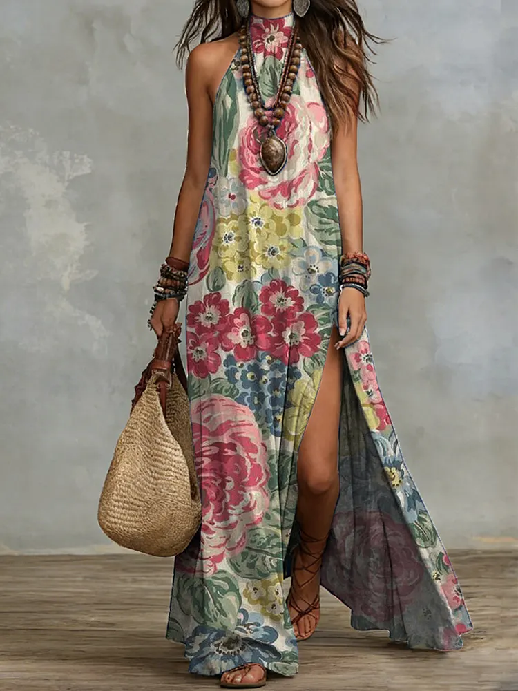 Bohemian Floral Halter-neck Maxi Dress With Slit