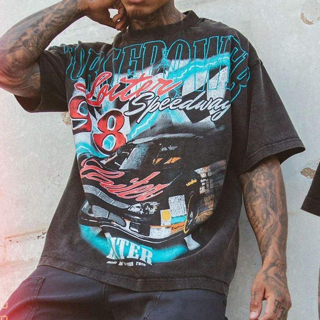 Men's Vintage Loiter Speedway Print T-shirt-Black