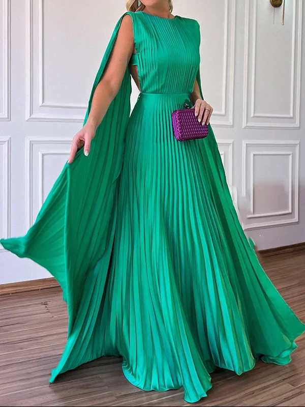 Hollow Pleated Solid Color Sleeveless Round-Neck Maxi Dresses